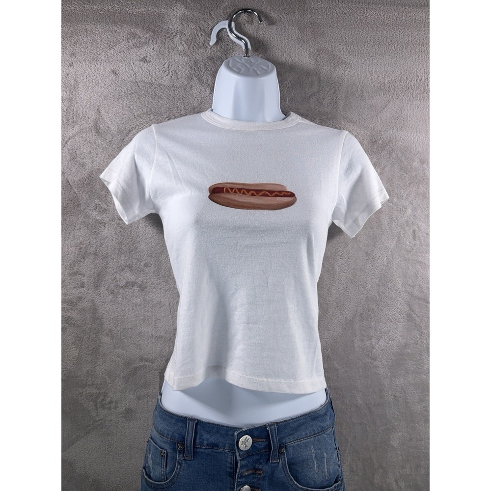 MANN Baby Tee Womens Size Small White Hot Dog Graphic Y2K Indie Trash Cute